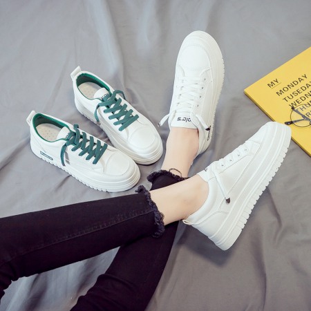 Basic White Flat Running Shoes Women's Lace-Up Platform Shoes